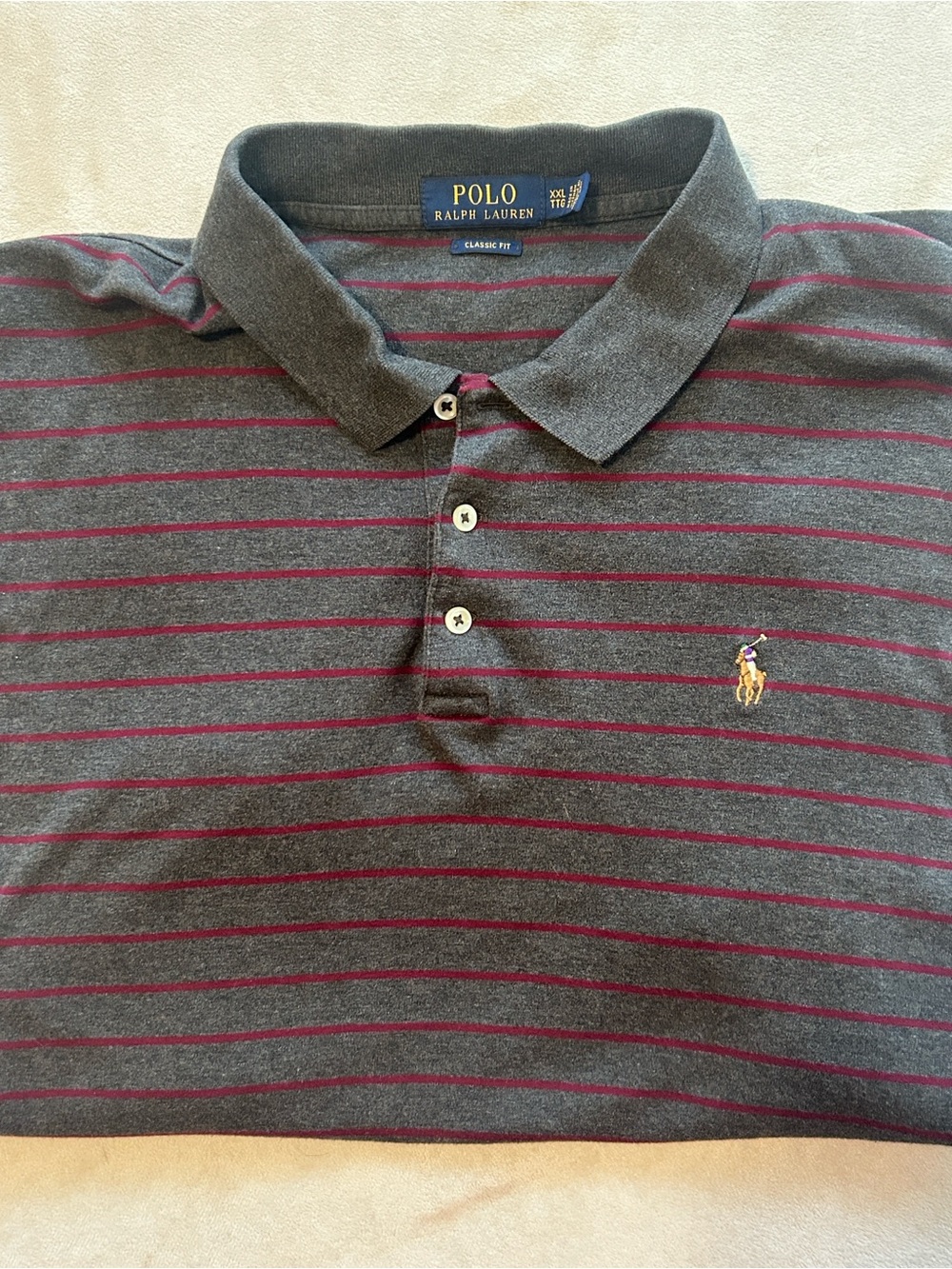 Polo Ralph Lauren Shirt Mens XXL Gray Burgundy Striped Classic Fit Golf Polo